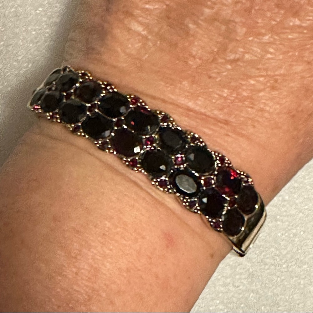 Monet Gold Tone & Garnet Crystal Hinged Bangle Bracelet